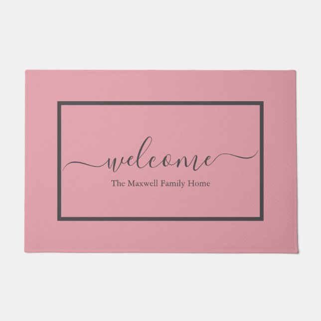 Elegant blush roze roze script familienaam welkoms deurmat (Voorkant)