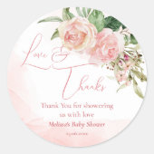 Elegant blush roze rozen baby shower bedankt ronde sticker (Voorkant)