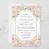 Elegant Blush Roze Rozen Bloemen Goud Bruiloft Kaart (Voorkant)