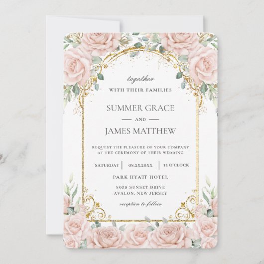 Elegant Blush Roze Rozen Bloemen Goud Bruiloft Kaart (Voorkant)