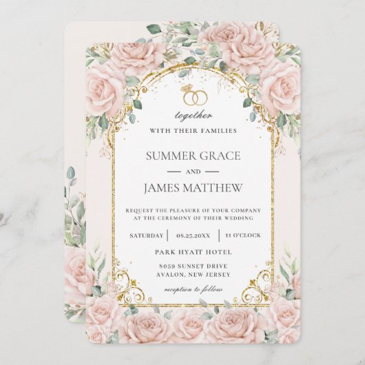 Elegant Blush Roze Rozen Bloemen Goud Bruiloft Kaart (Voorkant / Achterkant)