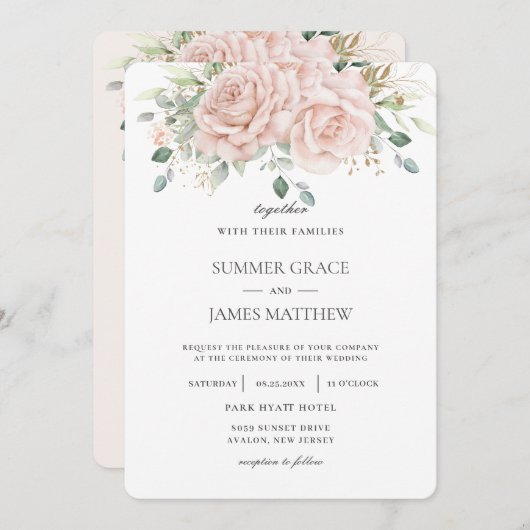 Elegant Blush Roze Rozen Bloemen Groen Bruiloft Kaart (Voorkant / Achterkant)