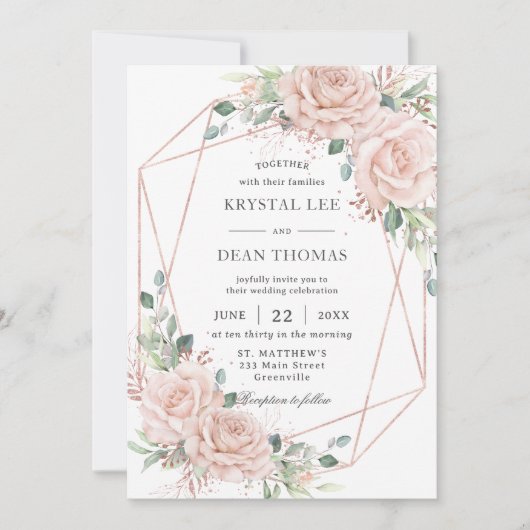 Elegant Blush Roze Rozen Bloemen Roos Gouden Bruil Kaart (Voorkant)