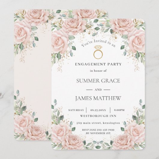 Elegant Blush Roze Rozen Bloemenring Verloving Kaart (Voorkant / Achterkant)