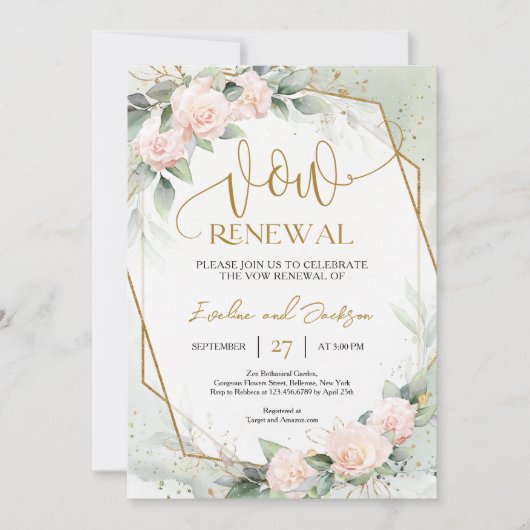 Elegant blush roze rozen en greenery vow vernieuwi kaart (Voorkant)