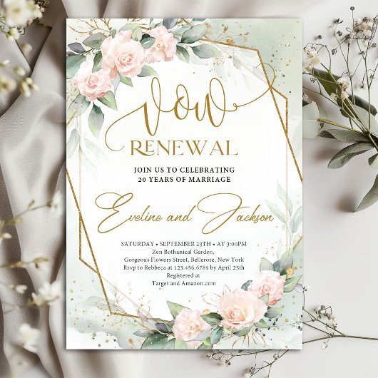 Elegant blush roze rozen en greenery vow vernieuwi kaart