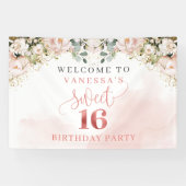 Elegant blush roze rozen groen roos goudzoet 16 spandoek (Horizontaal)