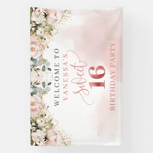 Elegant blush roze rozen groen roos goudzoet 16 spandoek (Verticaal)