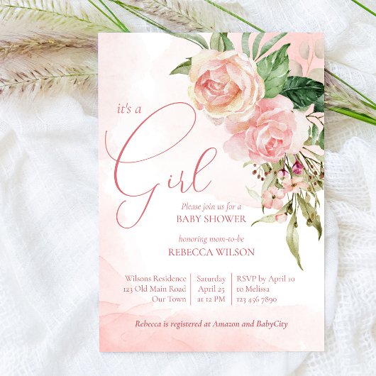 Elegant blush roze rozen het is een meisje baby sh kaart