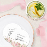 Elegant Blush Roze Rozenbruin/Baby shower Ronde Kartonnen Onderzetter<br><div class="desc">Elegant doucheonderzetter met prachtige florale details in wazige roze en gouden tinten van roos. Moderne handgeschreven kalligrafie. Mogelijkheid om tekst in de baby shower of de douche van een paar te wijzigen door het meegeleverde tekstvak te gebruiken. Een deel van ons "Elegance in Pink, Blush and Roos Gold Floral" collectie...</div>