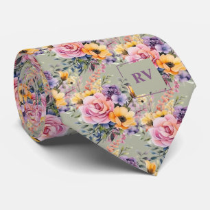 Elegant Blush Roze Salie Groene Waterverf Bloemen Stropdas