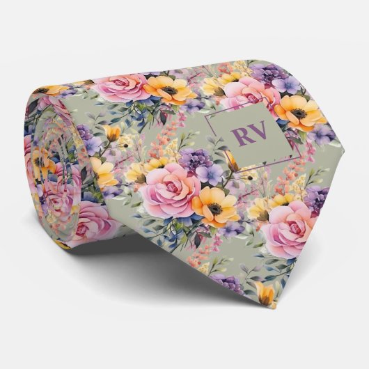 Elegant Blush Roze Salie Groene Waterverf Bloemen Stropdas (Opgerold)