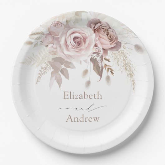 Elegant Blush Roze Stoffig Roos Bloemenbruiloft Papieren Bordje (Voorkant)