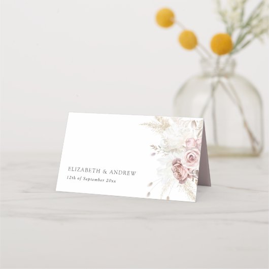 Elegant Blush Roze Stoffig Roos Bloemenbruiloft Plaatskaartje (Voorkant)
