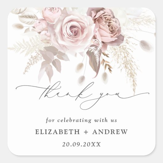 Elegant Blush Roze Stoffig Roos Bloemenbruiloft Vierkante Sticker (Voorkant)