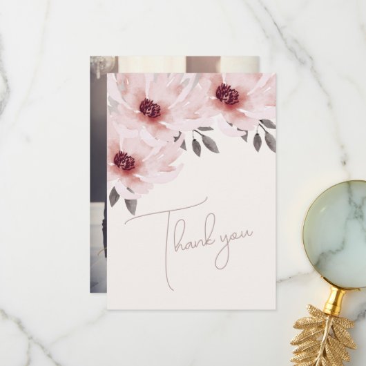 Elegant Blush Roze Waterverf Bloemen Foto Bruiloft Bedankkaart (Voorkant / Achterkant in situ)