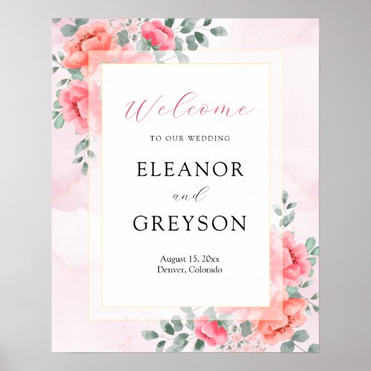 Elegant blush roze waterverf bruiloft welkom poster (Voorkant)