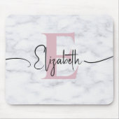 Elegant Blush Roze Wit Marmer Eenvoudig Monogramme Muismat (Voorkant)