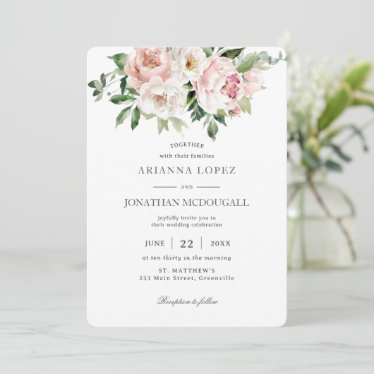 Elegant Blush Roze Wit Rozen Bloemen Bruiloft Kaart (Staand voorkant)