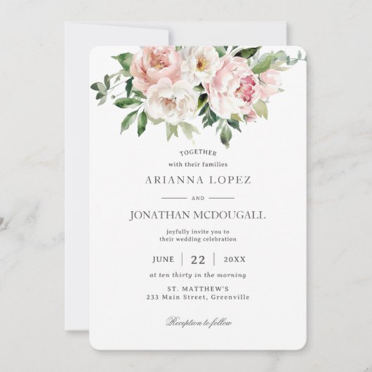 Elegant Blush Roze Wit Rozen Bloemen Bruiloft Kaart (Voorkant)