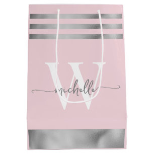 Elegant Blush Roze Zilver Gestreept Monogram Scrip Medium Cadeauzakje