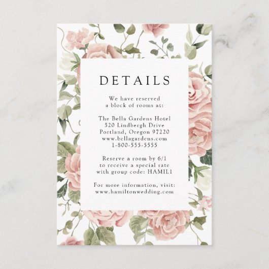 Elegant Blush Rozen Bruiloft Details Kaart (Voorkant)