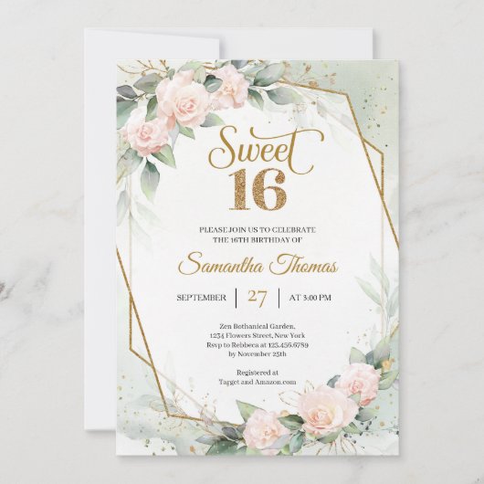 Elegant blush rozen en eucalyptus gold glitter kaart (Voorkant)