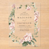 Elegant Blush Rozen en Greenery Wedding Acryl Uitnodigingen (Voorkant)