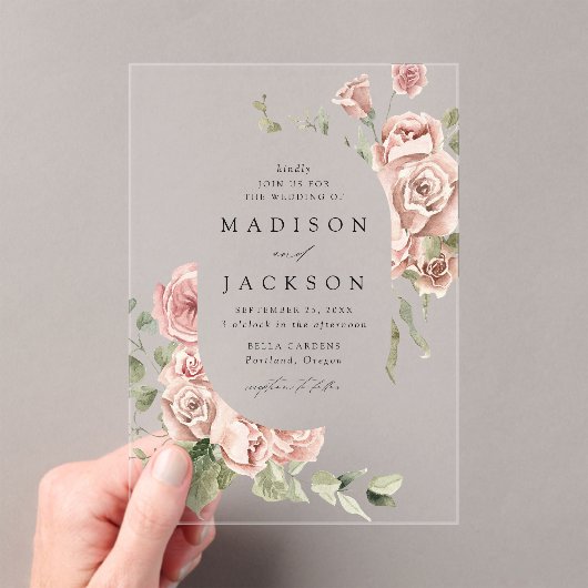 Elegant Blush Rozen en Greenery Wedding Acryl Uitnodigingen (Insitu (Draagbaar))