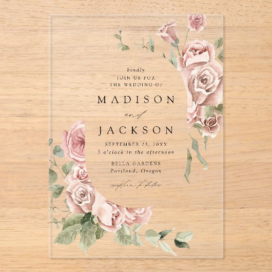 Elegant Blush Rozen en Greenery Wedding Acryl Uitnodigingen (Voorkant)
