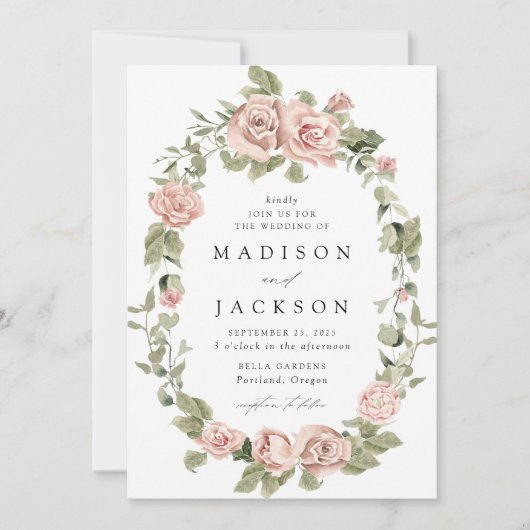 Elegant Blush Rozen en Greenery Wedding Kaart (Voorkant)