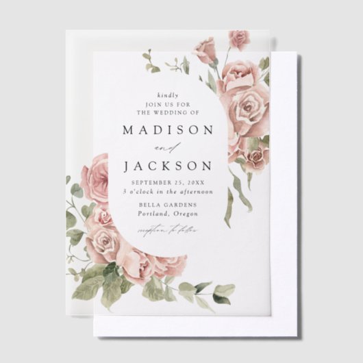 Elegant Blush Rozen en Greenery Wedding Vellum Uitnodigingen (Offset)