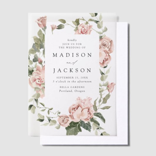 Elegant Blush Rozen en Greenery Wedding Vellum Uitnodigingen (Offset)