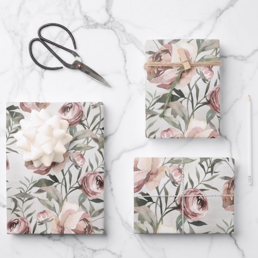 Elegant Blush Rozen Ranunculus Vine Floral Inpakpapier Vel (Voorkant)