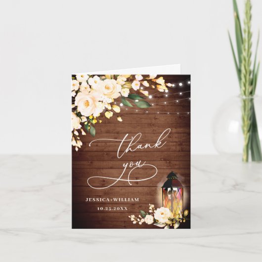 Elegant Blush Rozen Rustic Wood Lantern Bedankkaart (Voorkant)