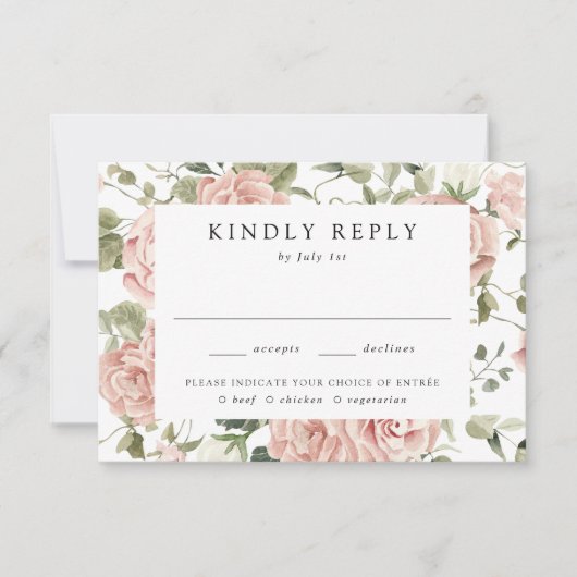 Elegant Blush Rozen Wedding Meal Choice RSVP Kaartje (Voorkant)
