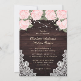 Elegant Blush Rustic Wood Lace Floral Wedding Kaart