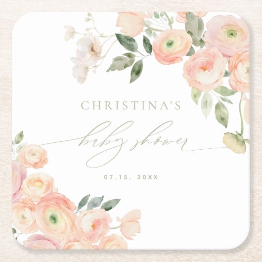 Elegant Blush & Sage Groen Baby shower Kartonnen Onderzetters (Voorkant)