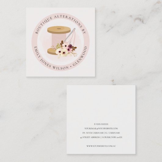 Elegant Blush Spool Needle Waterverf Flora Tailor Vierkante Visitekaartje (Voorkant / Achterkant)