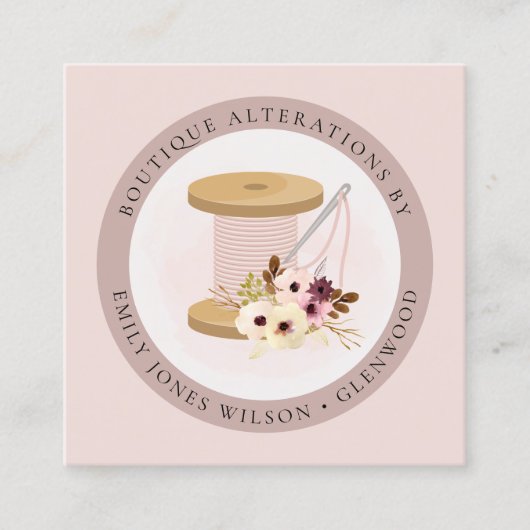 Elegant Blush Spool Needle Waterverf Flora Tailor Vierkante Visitekaartje (Voorkant)