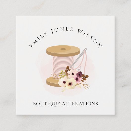 Elegant Blush Spool Needle Waterverf Flora Tailor Vierkante Visitekaartje (Voorkant)