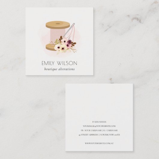 Elegant Blush Spool Needle Waterverf Flora Tailor Vierkante Visitekaartje (Voorkant / Achterkant)