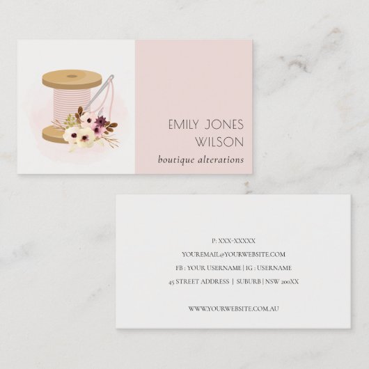 Elegant Blush Spool Needle Waterverf Flora Tailor Visitekaartje (Voorkant / Achterkant)