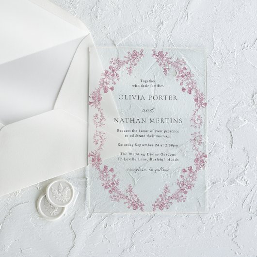Elegant Blush Stoffig Roos krans bruiloft Acryl Uitnodigingen