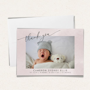 Elegant Blush texture Script Baby Birth Two Photo Bedankkaart