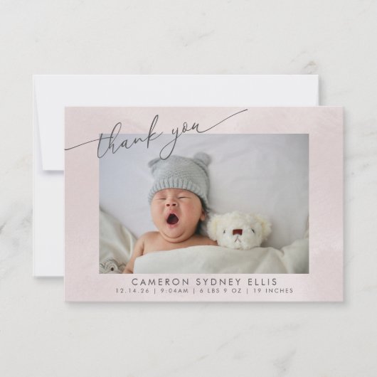Elegant Blush texture Script Baby Birth Two Photo Bedankkaart (Voorkant)