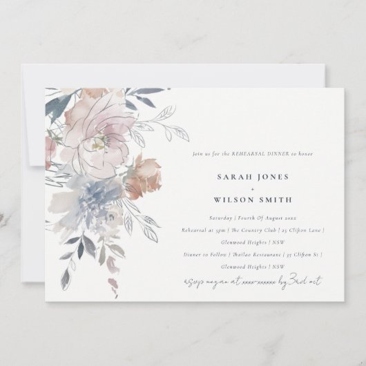 Elegant Blush Waterverf Bloemen Repetitie Diner Kaart (Voorkant)