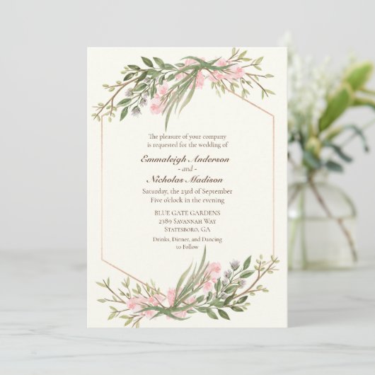 Elegant Blush Waterverf Botanische bruiloft Script Kaart (Staand voorkant)