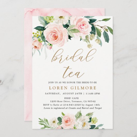 Elegant Blush Waterverf Bridal Tea Party Kaart (Voorkant / Achterkant)