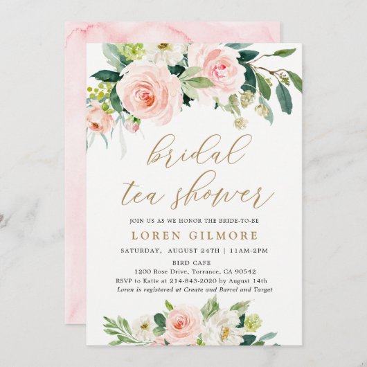 Elegant Blush Waterverf Bridal Tea Shower Kaart (Voorkant / Achterkant)